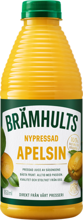 Bottle of Brämhults freshly squeezed orange juice with green cap and vibrant orange color. Label has fruit imagery and Swedish text.