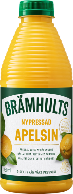 Bottle of Brämhults freshly squeezed orange juice with green cap and vibrant orange color. Label has fruit imagery and Swedish text.