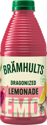 Bottle of Brämhults Dragonized Lemonade, featuring dragon fruit, apple, yuzu, and lemon flavors. 850ml with a green cap.