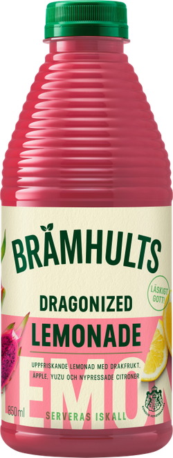 Bottle of Brämhults Dragonized Lemonade, featuring dragon fruit, apple, yuzu, and lemon flavors. 850ml with a green cap.