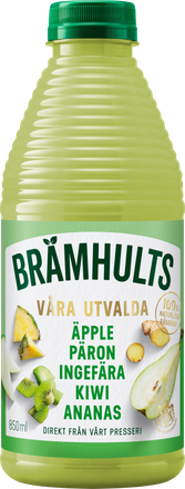 Brämhults juice bottle featuring apple, pear, ginger, kiwi, and pineapple, 850 ml, with a green cap and vibrant fruit images on the label.