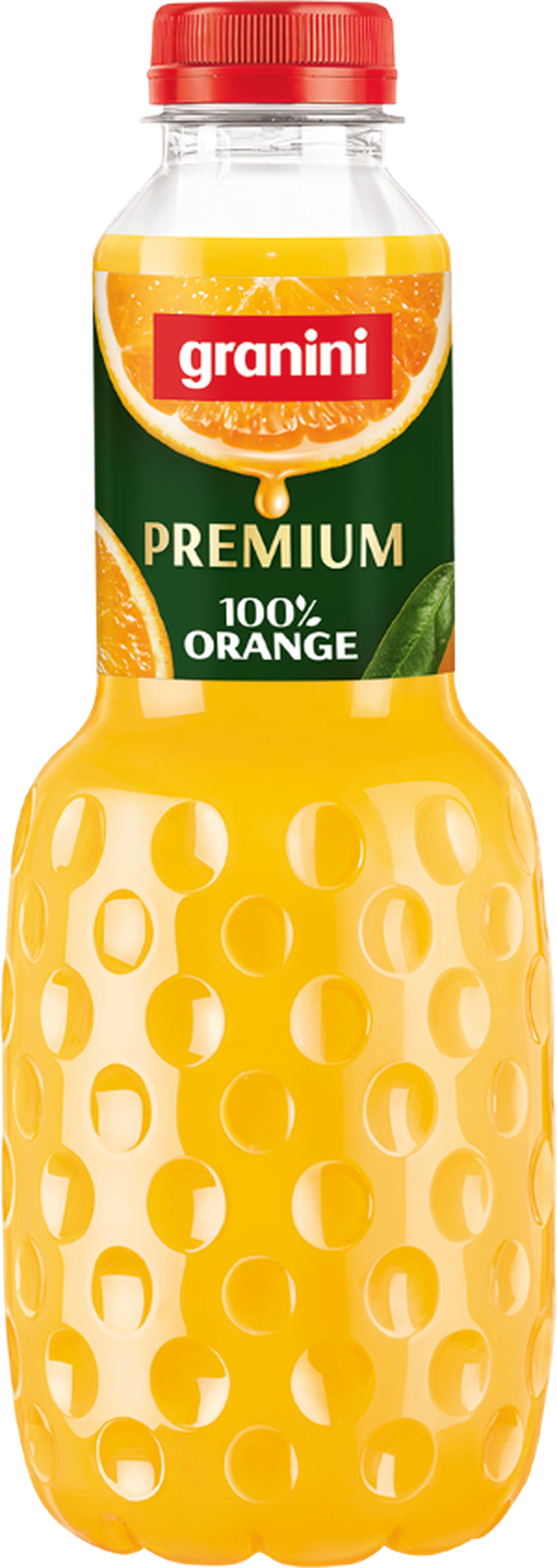 A bottle of granini Premium 100% Orange juice with a textured design, featuring an orange slice and leaf on the label, and a red cap.