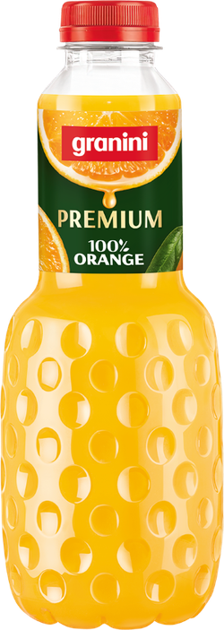 A bottle of granini Premium 100% Orange juice with a textured design, featuring an orange slice and leaf on the label, and a red cap.
