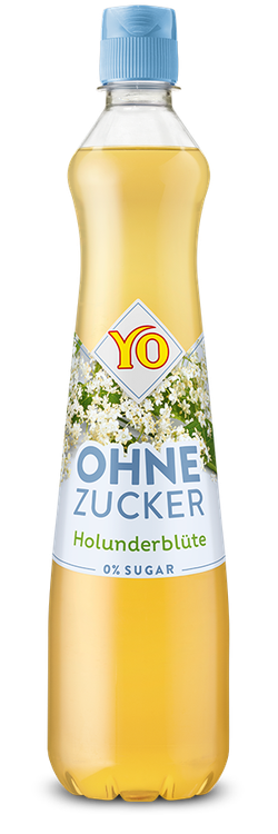 A bottle of YO Elderflower syrup labeled "Ohne Zucker" with a light blue cap, featuring white elderflower illustrations and text indicating "0% Sugar."