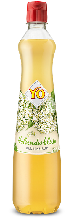 A bottle of YO Holunderblüte elderflower syrup with a red cap and label featuring white flowers and green leaves.