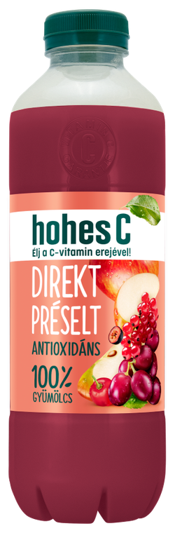 A bottle of hohes C juice labeled "Direkt Préselt" featuring a blend of red fruits, including apples and pomegranate, highlighted as 100% fruit.