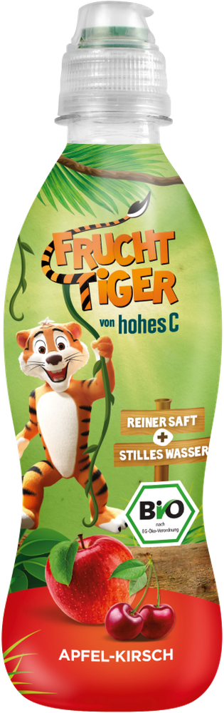 FruchtTiger Flasche von hohes C in der Sorte Apfel Kirsche - grüne Flasche mit Bio-Siegel und dem Fruchttiger