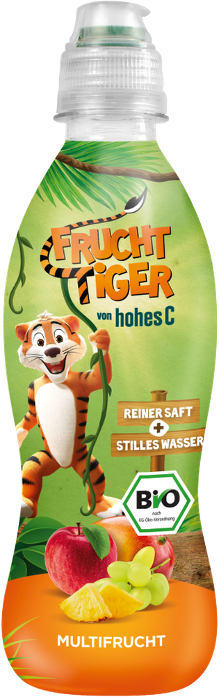 FruchtTiger Flasche von hohes C in der Sorte Multifrucht - grüne Flasche mit Bio-Siegel und dem Fruchttiger