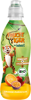 FruchtTiger Flasche von hohes C in der Sorte Orange Maracuja - grüne Flasche mit Bio-Siegel und dem Fruchttiger