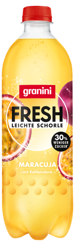 Bottle of Granini Fresh Leichte Schorle, Maracuja flavor, with a red cap and images of passion fruit, labeled "30% weniger Zucker."