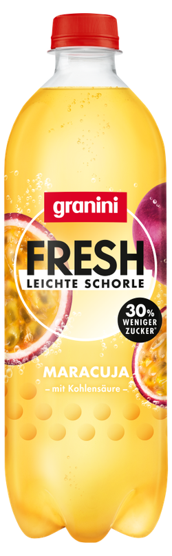 Bottle of Granini Fresh Leichte Schorle, Maracuja flavor, with a red cap and images of passion fruit, labeled "30% weniger Zucker."