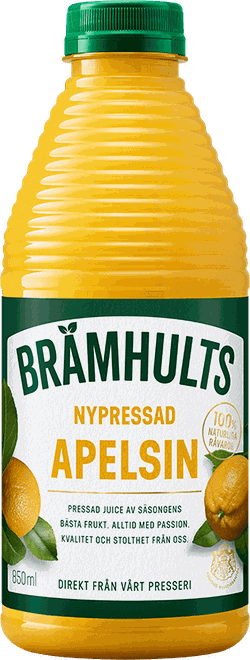 Bottle of Brämhults freshly squeezed orange juice with green label, featuring oranges and product details. Capacity: 850 ml.