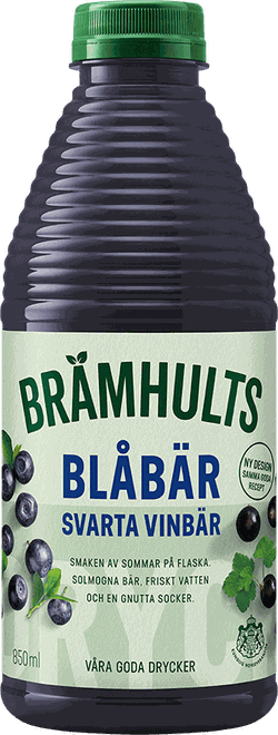 Bottle of Brämhults blueberry and black currant juice, featuring blueberry illustrations, green cap, and Swedish text labeling the flavor.