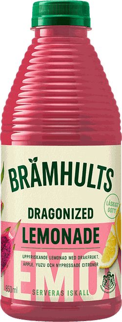 Bottle of Brämhults Dragonized Lemonade, 850 ml, featuring dragon fruit, apple, yuzu, and lemon flavors. Nordic text on label.