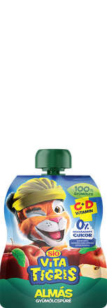 A pouch of Sió Vita Tigris apple fruit puree featuring a cartoon tiger wearing a helmet, highlighting 100% fruit content and added vitamins C and D.