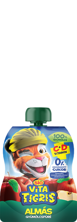 A pouch of Sió Vita Tigris apple fruit puree featuring a cartoon tiger wearing a helmet, highlighting 100% fruit content and added vitamins C and D.