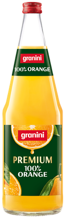 A tall bottle of Granini Premium 100% Orange juice with a red cap and green label featuring orange slices and leaves.