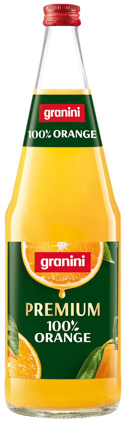 A bottle of Granini Premium 100% Orange Juice with a green label, featuring an orange slice and leaves, and a red cap.