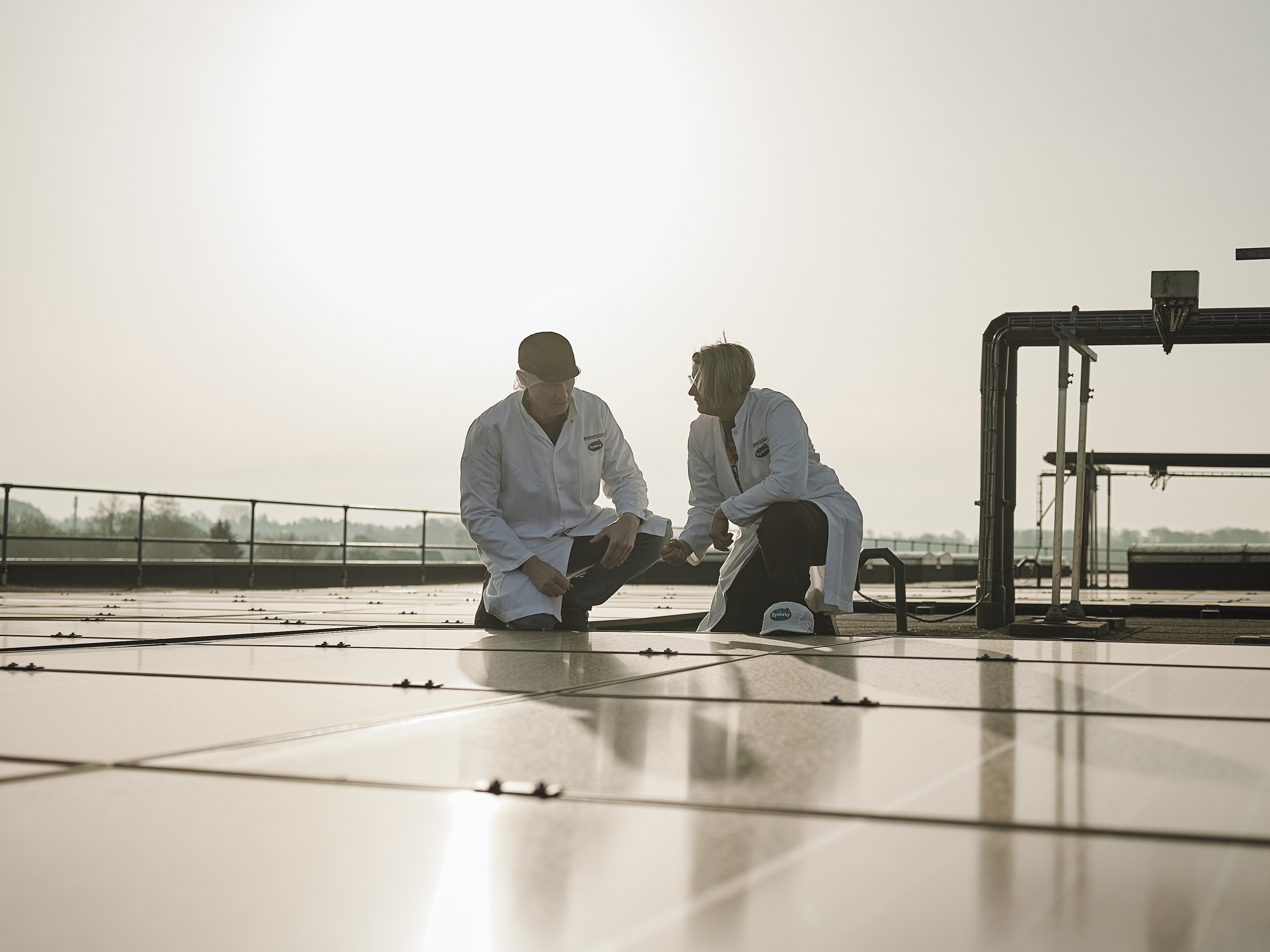 Two people in lab coats kneel on a rooftop, inspecting solar panels under a bright sunlit sky.