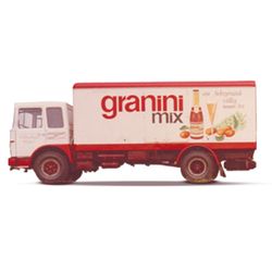 White and red delivery truck labeled "granini mix" with beverage and fruit images on the cargo area.