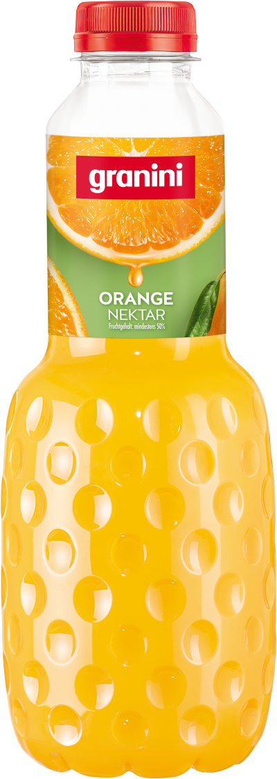 A clear plastic bottle of Granini Orange Nectar with a red cap and orange label, featuring an image of orange slices.