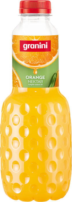 A clear plastic bottle of Granini Orange Nectar with a red cap and orange label, featuring an image of orange slices.
