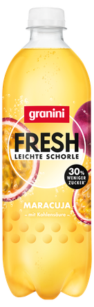 granini FRESH Leichte Schorle Maracuja - Orangene Flasche mit Granini-Logo mit 30 % weniger Zucker mit Kohlensäure
