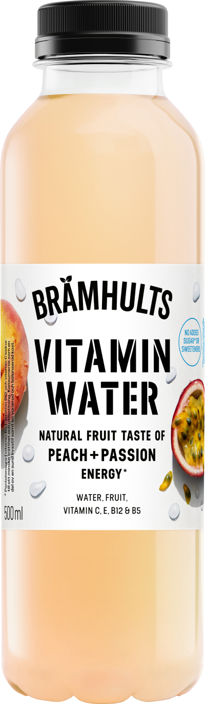 A 500ml bottle of Brämhults Vitamin Water with peach and passion flavor; labeled with vitamin content and natural ingredients.
