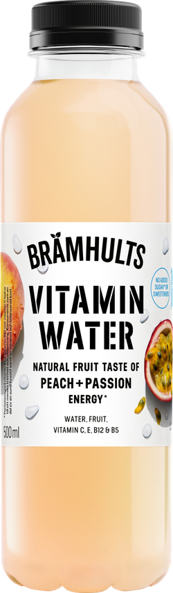 A 500ml bottle of Brämhults Vitamin Water with peach and passion flavor; labeled with vitamin content and natural ingredients.