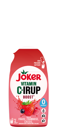 Red bottle of Joker Vitamin C-irup Boost, strawberry, raspberry, and blackcurrant flavor, 0 sugars, enriched with vitamins C, B3, and B7.
