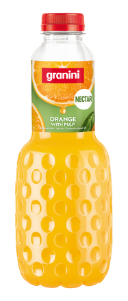 Bottle of Granini orange nectar with pulp, featuring a textured design and red cap, showcasing a vibrant orange slice on the label.