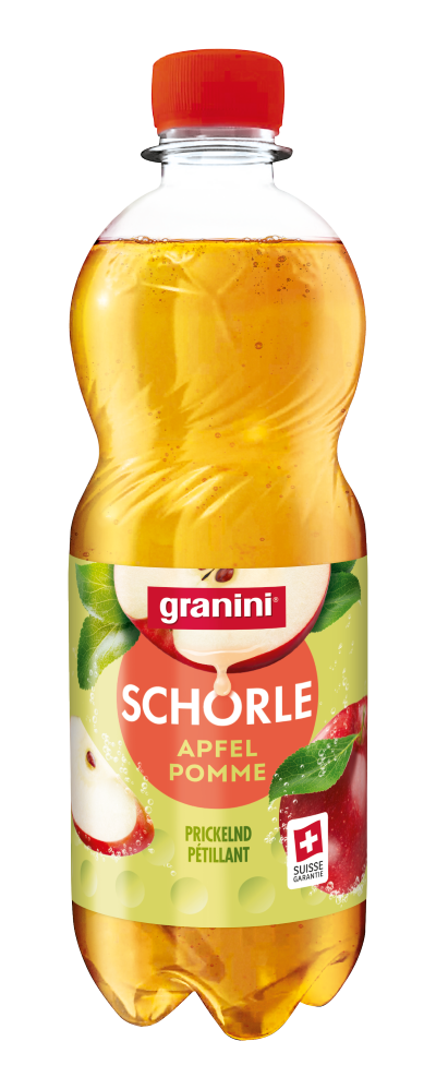granini Schorle Apfel Pomme 0,5 L PET - applejuice in plastic bottle with light green label, granini Logo and twistable red cap
