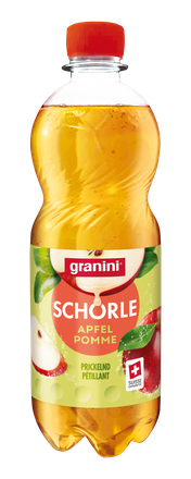 granini Schorle Apfel Pomme 0,5 L PET - applejuice in plastic bottle with light green label, granini Logo and twistable red cap