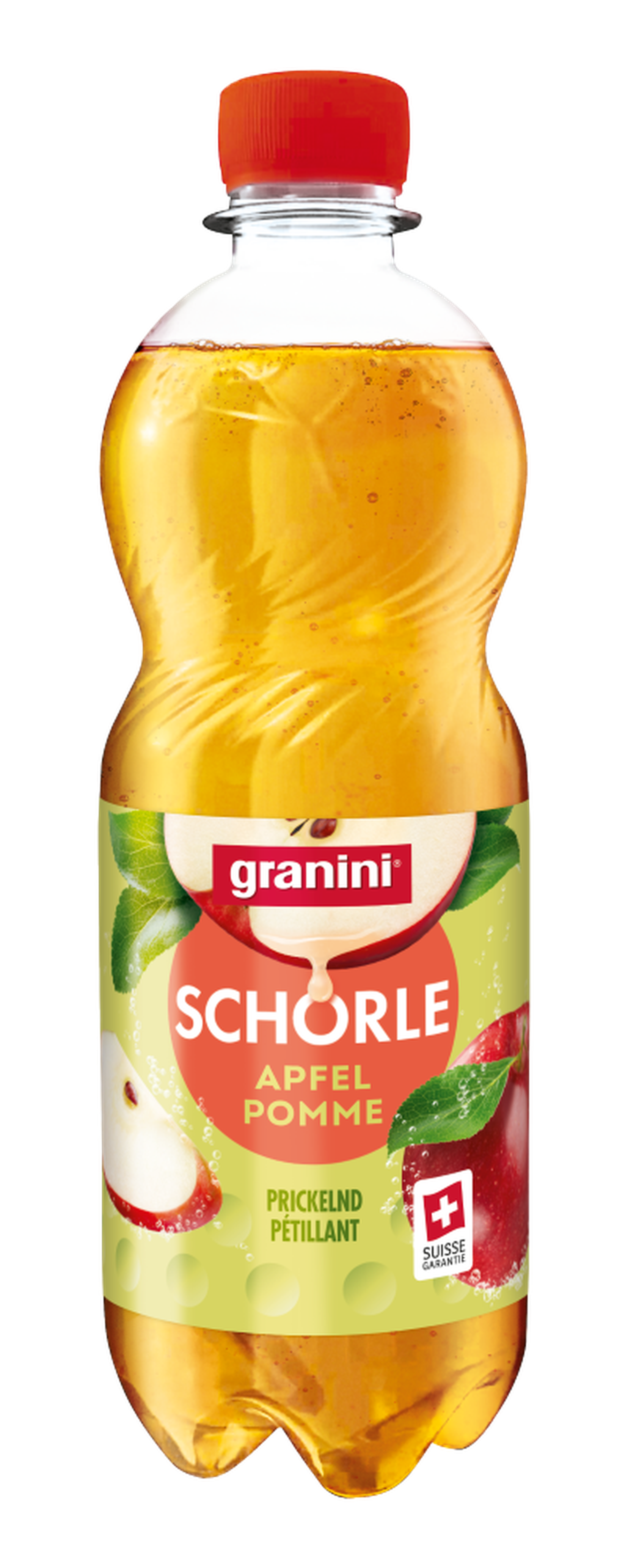 granini Schorle Apfel Pomme 0,5 L PET - applejuice in plastic bottle with light green label, granini Logo and twistable red cap