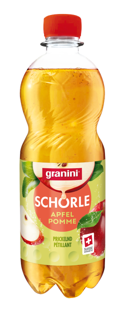 granini Schorle Apfel Pomme 0,5 L PET - applejuice in plastic bottle with light green label, granini Logo and twistable red cap