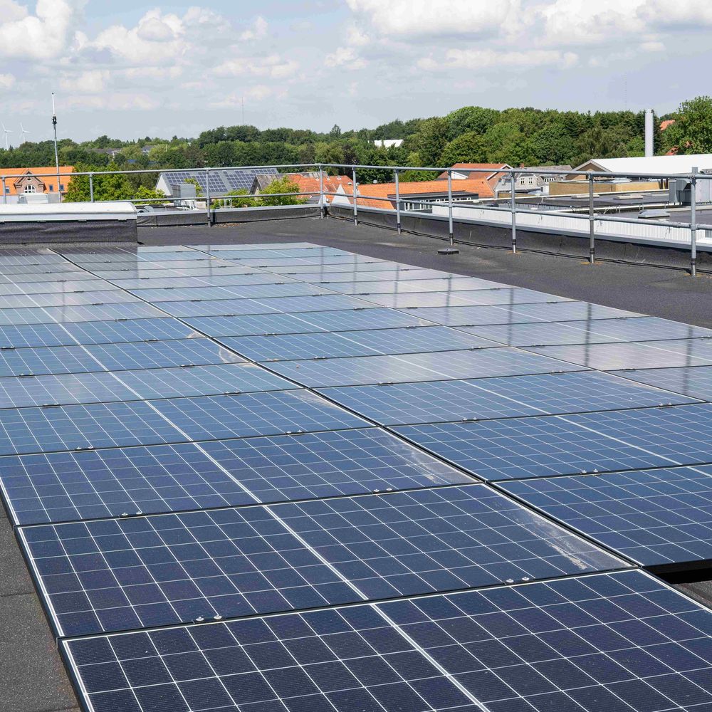Solar panels on a rooftop under a clear blue sky, with trees and buildings in the background.