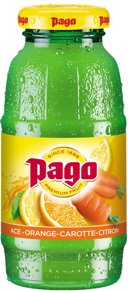 A bottle of Pago juice featuring an orange, carrot, and lemon label, with dew drops on the surface.