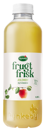 A clear plastic bottle of Rynkeby Frugt Frisk apple juice, labeled in Danish, with an image of an apple and leaves. Contains 0.85L.