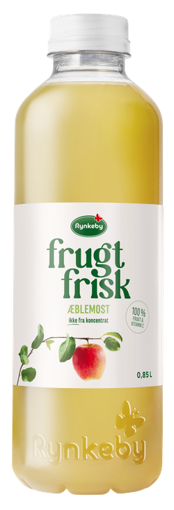 A clear plastic bottle of Rynkeby Frugt Frisk apple juice, labeled in Danish, with an image of an apple and leaves. Contains 0.85L.
