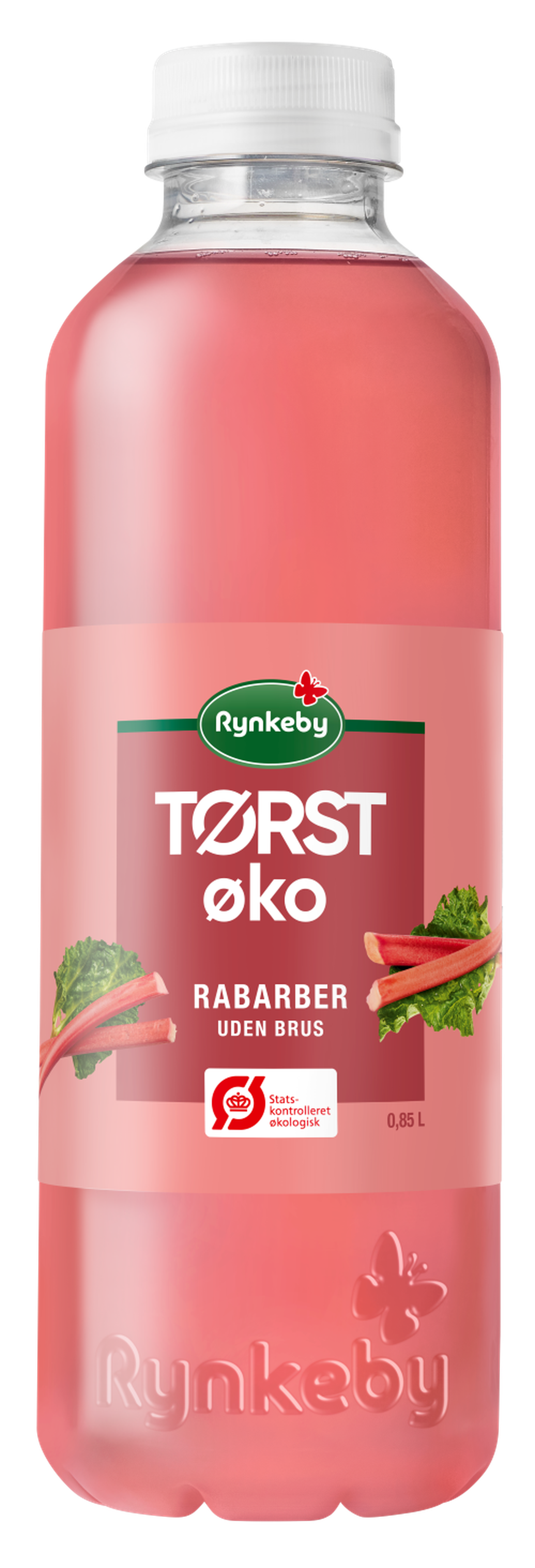 A bottle of Rynkeby TØRST ØKO rhubarb juice, pink liquid, green and red label, with a white cap, 0.85L size.
