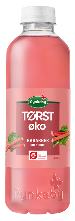 A bottle of Rynkeby TØRST ØKO rhubarb juice, pink liquid, green and red label, with a white cap, 0.85L size.