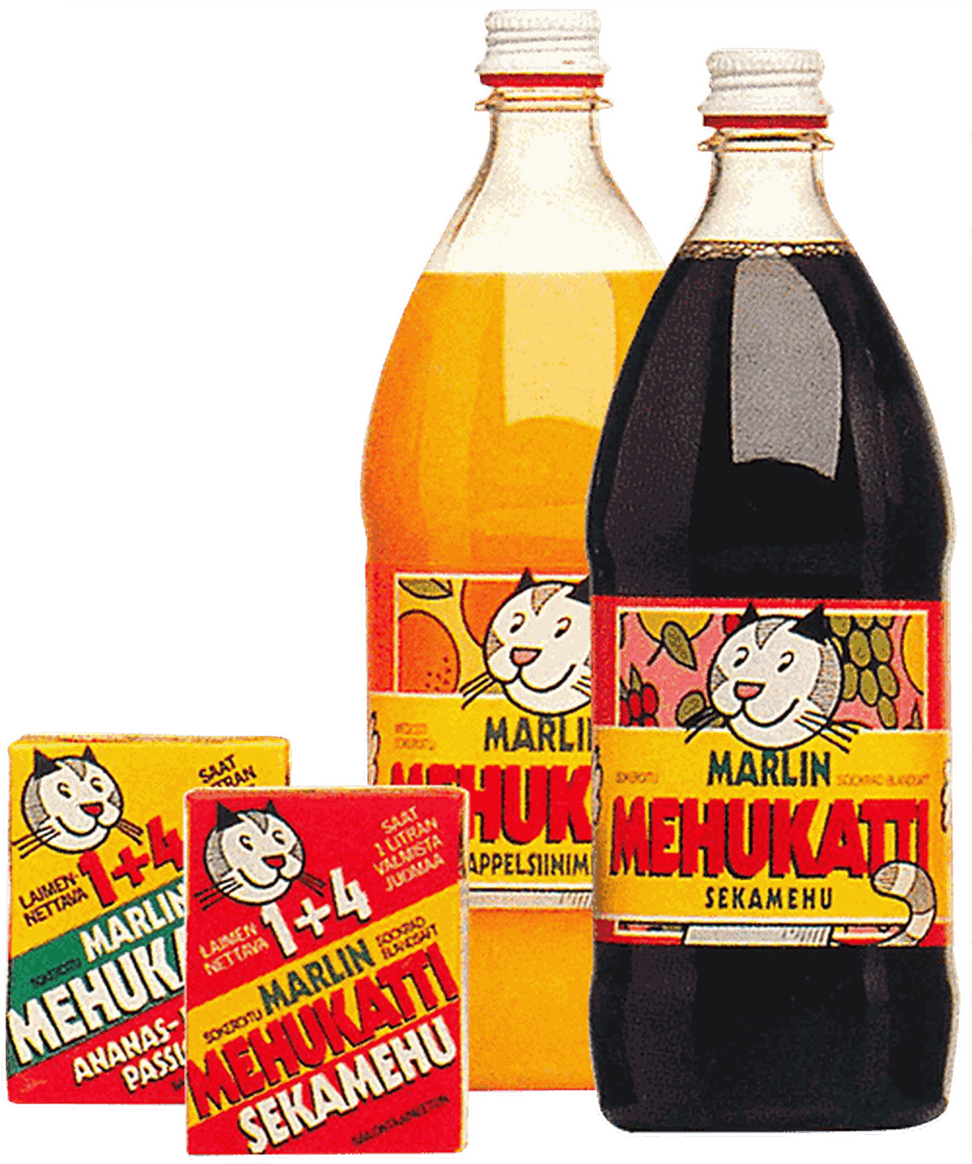 Two bottles and two cartons of Marlin Mehukatti juice, featuring a cat logo and colorful labels.