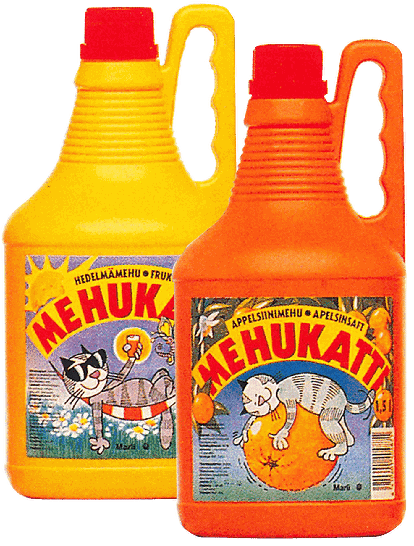 Two colorful juice bottles with playful cat illustrations and "MEHUKATTI" branding, featuring orange and yellow labels.