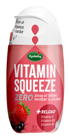 Red Rynkeby Vitamin Squeeze Zero bottle with a berry flavor. Features Vitamin C, B3, B7, and is sugar-free. Capacity of 8+ liters.