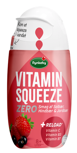 Red Rynkeby Vitamin Squeeze Zero bottle with a berry flavor. Features Vitamin C, B3, B7, and is sugar-free. Capacity of 8+ liters.