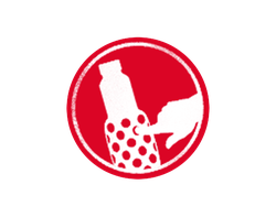 Icon of a hand pointing to a granini bottle covered in dots, inside a red circle with a white outline.