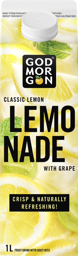 Carton of God Morgon Classic Lemonade with Grape, featuring images of lemons and mint. Labeled as crispy and naturally refreshing, 1L.