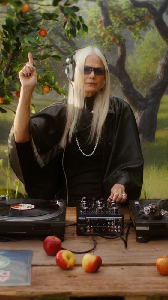 A DJ with long white hair and sunglasses mixes on turntables in an apple orchard, surrounded by fresh apples on a wooden table.
