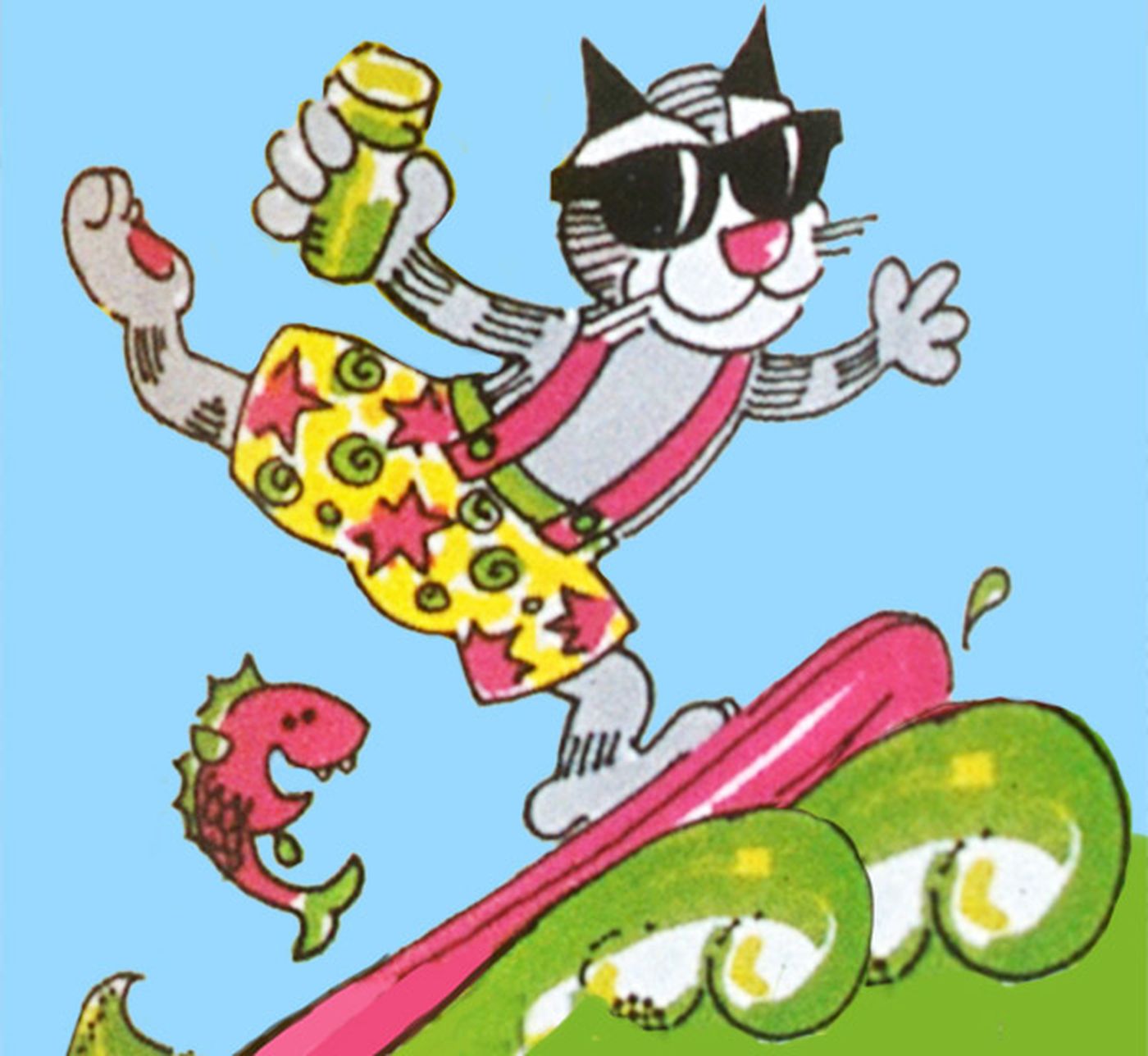 Cartoon cat wearing sunglasses and colorful shorts surfing on a wave, holding a drink, with a jumping fish nearby.