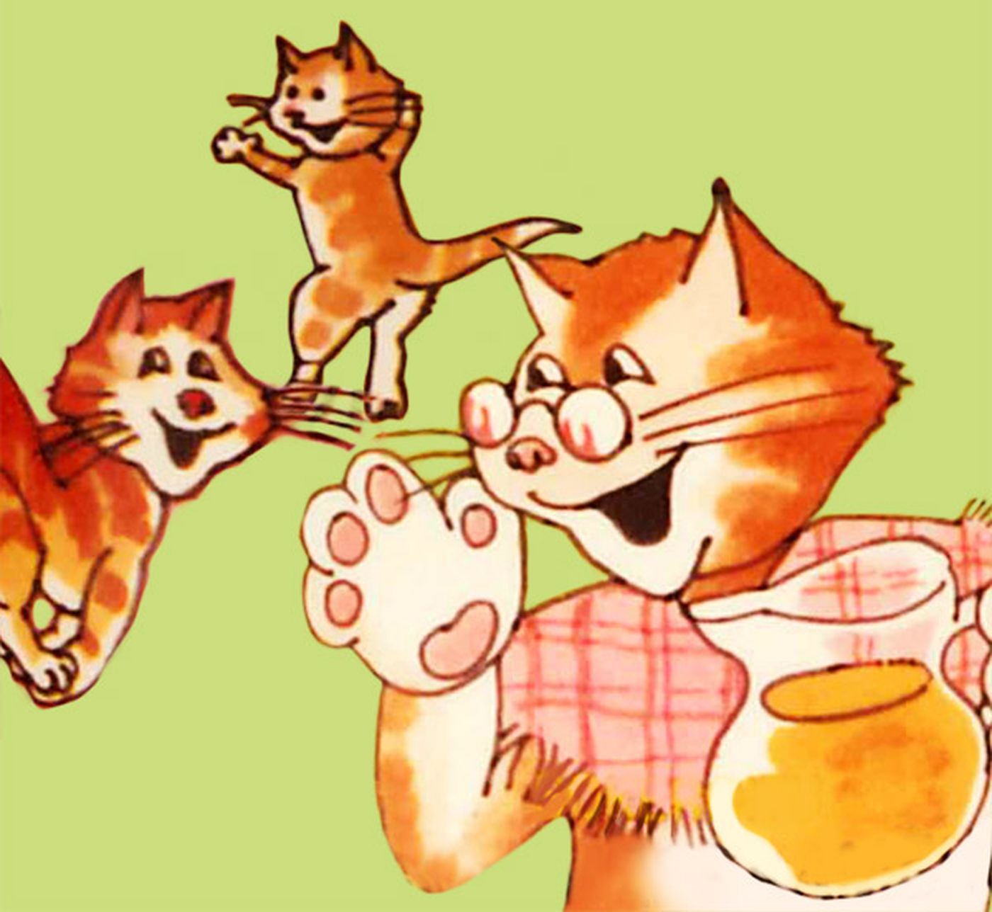 Cartoon of a smiling cat wearing glasses and a checkered scarf, holding a jar, with two playful kittens jumping in the air.